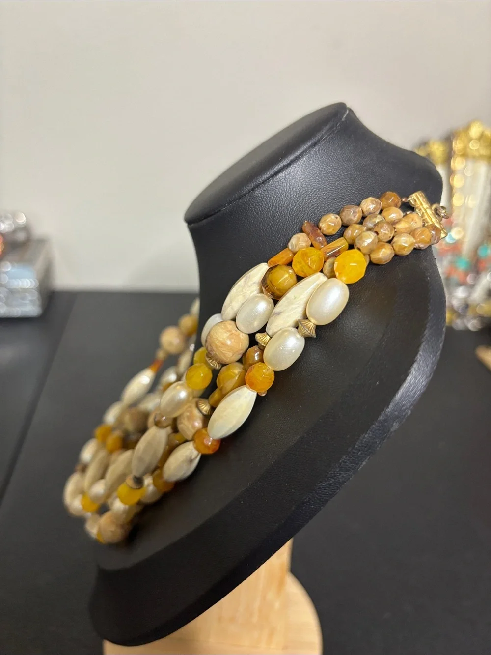 Multi-Strand Yellow and Cream Beaded Statement Necklace